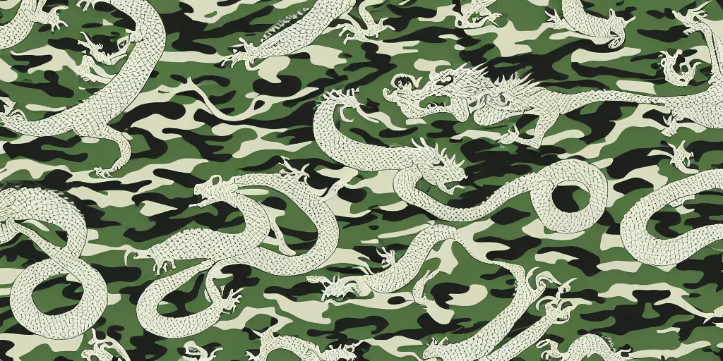 Prompt: detailed camo pattern fabric with dragon illustrations