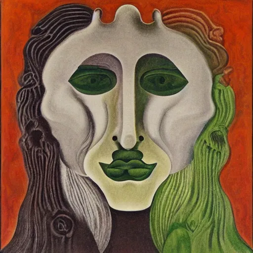 Prompt: floral face portrait by leonetto cappiello and wojciech siudmak and ernst fuchs, anni albers, oil on canvas