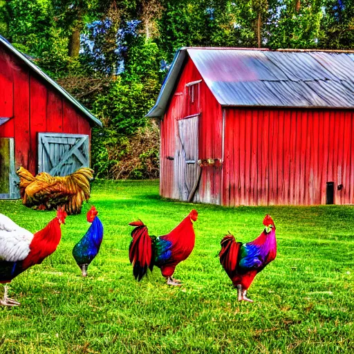 Image similar to Rainbow Roosters and Chickens Near a barn in a farm yard HDR