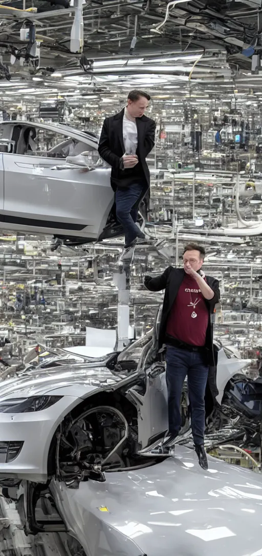 Image similar to elon musk crying while standing in a ruined tesla factory