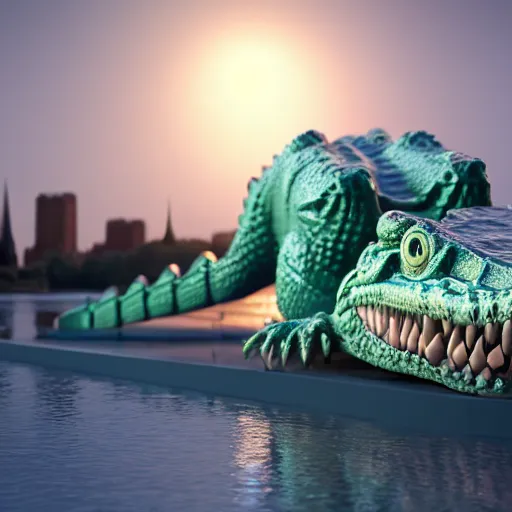 Prompt: ice cream crocodile, 3 d model, unreal engine, highly detailed, on a riverbank, hyperealistic, octane render, concept art, artstation, dusk lighting, realistic shadows