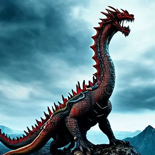 Image similar to giant dragon standing on a mountain, highly detailed, 4 k, hdr, award - winning, directed by zack snyder