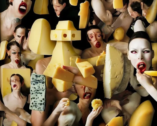 Image similar to incredible strange absurd closeup artwork of androids tasting cheese, finding it very weird but yet tasteful at the same time, weird tasting ritual of cheese products in the style of tim walker fashion photography