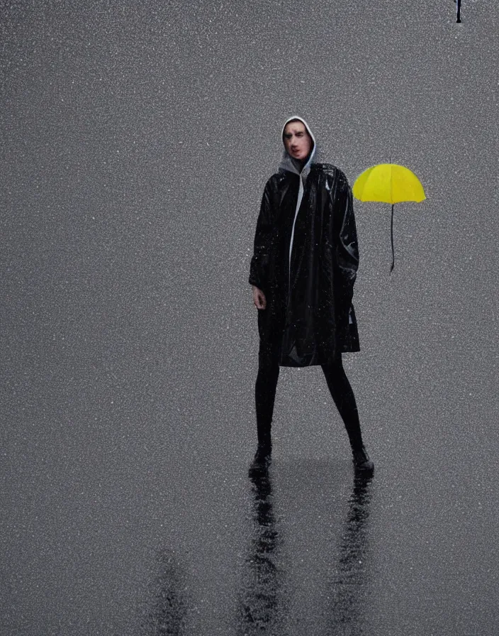 Prompt: close - up portrait of an empty slick fashionable zara raincoat floating suspended mid - air on a glittering wet rainy display designed by james terrell, wes anderson, felipe pantone, symmetry, rule of thirds