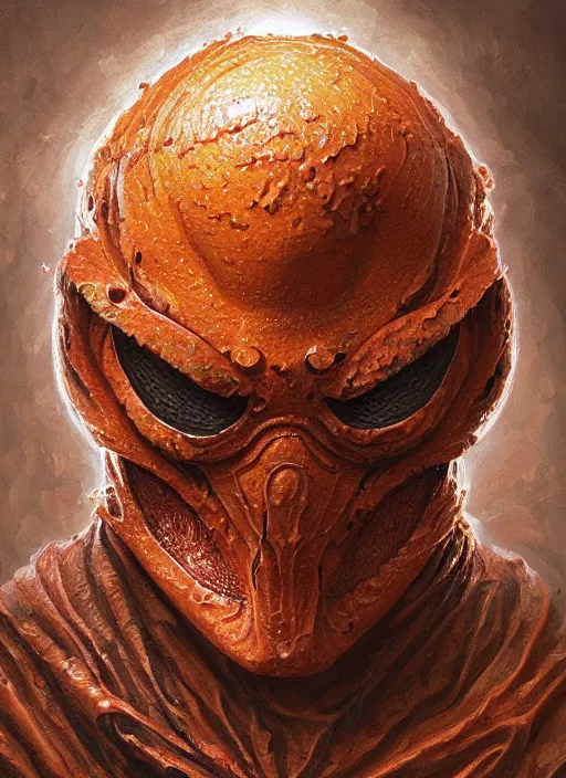 Image similar to orange slice mf doom reptile eyes, metal orange peel skin. intricate, elegant orange juice, highly detailed, centered, digital painting, artstation, concept art, smooth, sharp focus, illustration, artgerm, tomasz alen kopera, peter mohrbacher, donato giancola, joseph christian leyendecker, wlop, frank frazetta