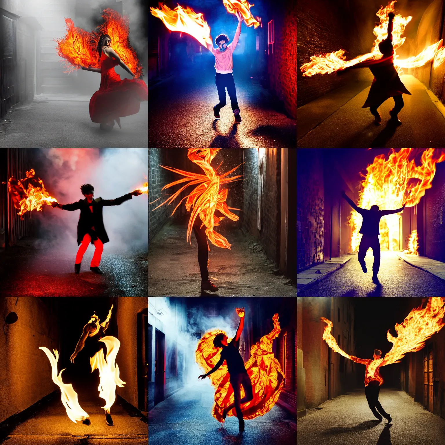 Prompt: personified fire is dancing in a dark alley, awardy winning photo