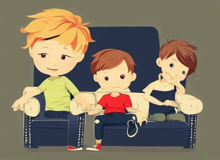 Prompt: two little boys sitting on a couch, they are best friends. a little blonde boy and a little ginger boy. clean cel shaded vector art. shutterstock. behance hd by lois van baarle, artgerm, helen huang, by makoto shinkai and ilya kuvshinov, rossdraws, illustration, art by ilya kuvshinov