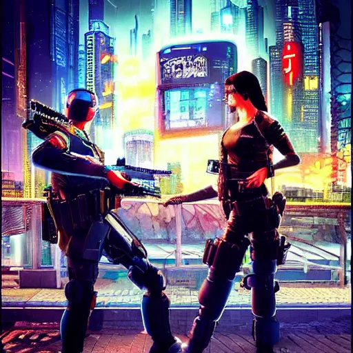 Image similar to realistic, symmetrical, cyberpunk city, man and women in love in a gunfight with robot police. @ philosorapper! dream realistic, symmetrical, cyberpunk city, man and women in love in a gunfight with robot police.