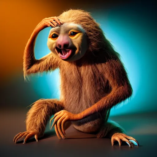 Image similar to a high resolution render of sid sloth character on ice age by johannen voss by david cronenberg by francis bacon by peter kemp by octane render blender 8 k isometric dof neon colours