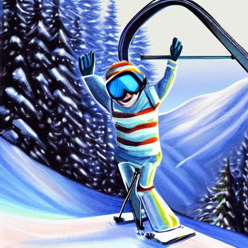 Image similar to Washing machine with legs and arms skiing down snowy mountain, digital painting, detailed, art, cartoon art,