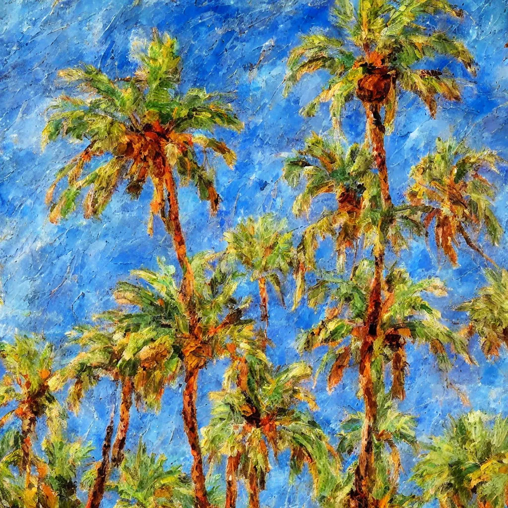 Prompt: a palm tree painted in the style of the old masters, painterly, thick heavy impasto, expressive impressionist style, painted with a palette knife