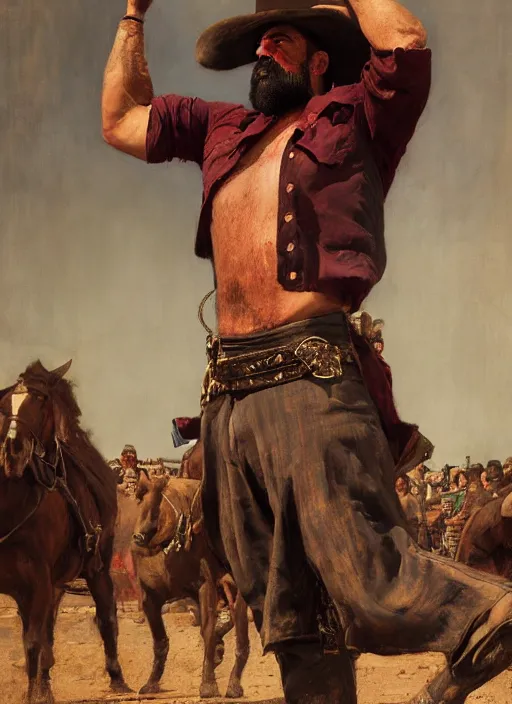 Image similar to Old west circus strongman (rdr2). Iranian orientalist portrait by john william waterhouse and Edwin Longsden Long and Theodore Ralli and Nasreddine Dinet, oil on canvas. Cinematic, hyper realism, realistic proportions, dramatic lighting, high detail 4k