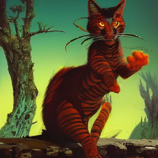 Prompt: a tabaxi!! samurai with dark orange fur and dark green glowing eyes, medium shot!, character illustration by Moebius! artstation, character concept art, John Berkey, Michael Whelan