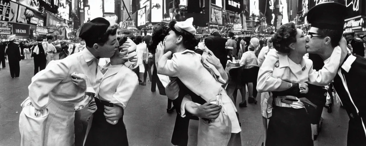 Image similar to alfred eisenstaedt's photograph of spaghetti and an american sailor kissing a woman in times square, 1 9 4 5, canon 5 0 mm, kodachrome, retro