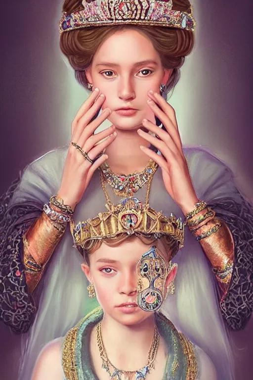 Image similar to beautiful very detailed portrait of a young princess with lots of jewelry in the face, full body, in the background there is a minimalistic palace, digital art , dramatic cinematic lighting rendered by octane, 8k, detailed, intricate, clean and textures, trending on artstation, treanding on deviantart, trending on cgsociety, pinterest, by Lauren Brevner