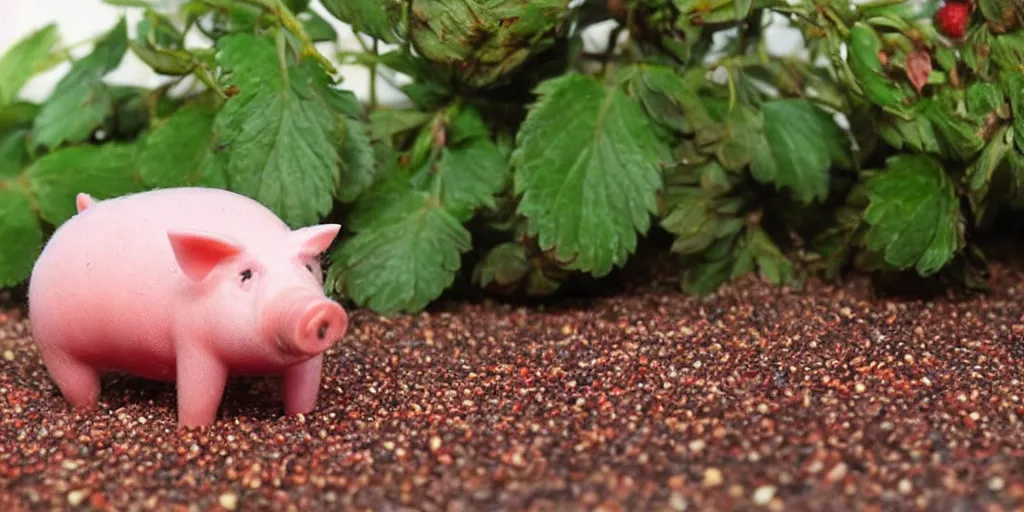 Image similar to a cute strawberry pig body animal looking at the camera; red strawberry seed skin