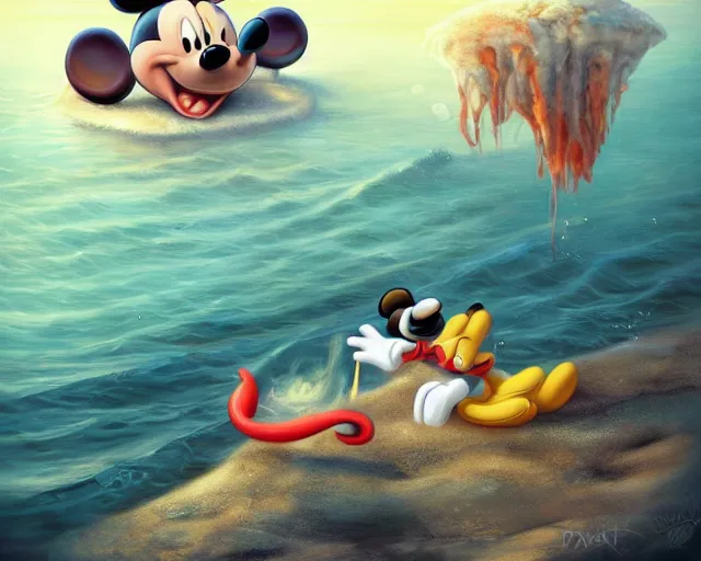 Image similar to Mickey mouse sitting next to terrifying sea creatures on a creepy beach, digital art, by Marta Dahlig, super detailed, artstation