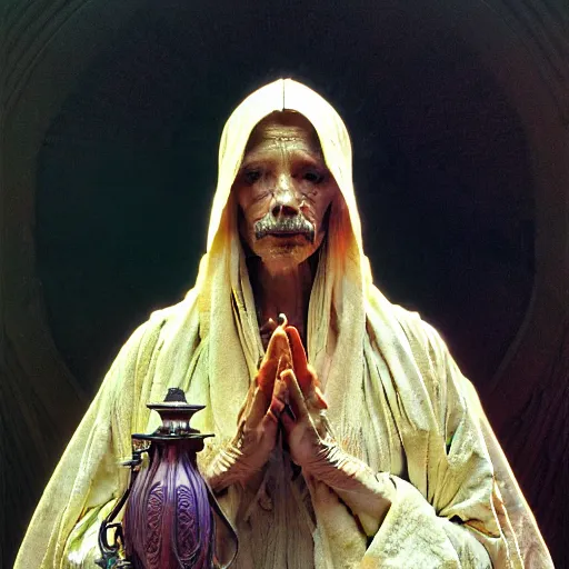 Image similar to portrait painting of robed figure, ultra realistic, concept art, intricate details, ornate, highly detailed, photorealistic, photorealism, octane render. art by wayne barlowe and alphonse mucha and james jean