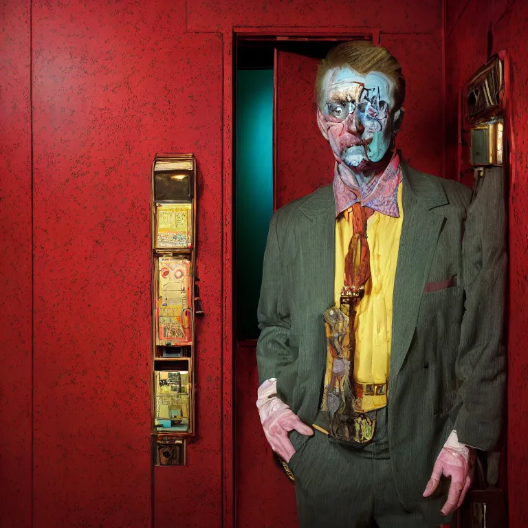 Image similar to professional octane render portrait by wayne barlow and carlo crivelli and glenn fabry, a sinister man in a bright colorful saturated wes anderson elevator operator costume inside a dark and moody vintage elevator in a high - end exotic vintage boutique hotel, very short depth of field, bokeh