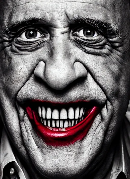 Image similar to photo of Danny Devito (2018) as the Joker by Lee Jeffries, head shot, detailed, award winning, Sony a7R