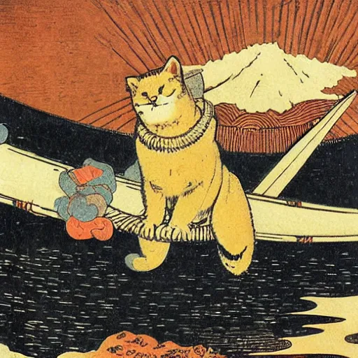 Image similar to a cat sitting on a rocketship headed for the moon made of cheese, by hokusai and george bellows