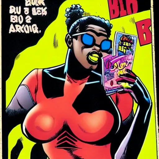 Prompt: nerdy black girl super hero, big afro, sexy lips, tall and slim figured, comic book style, by brian bolland,