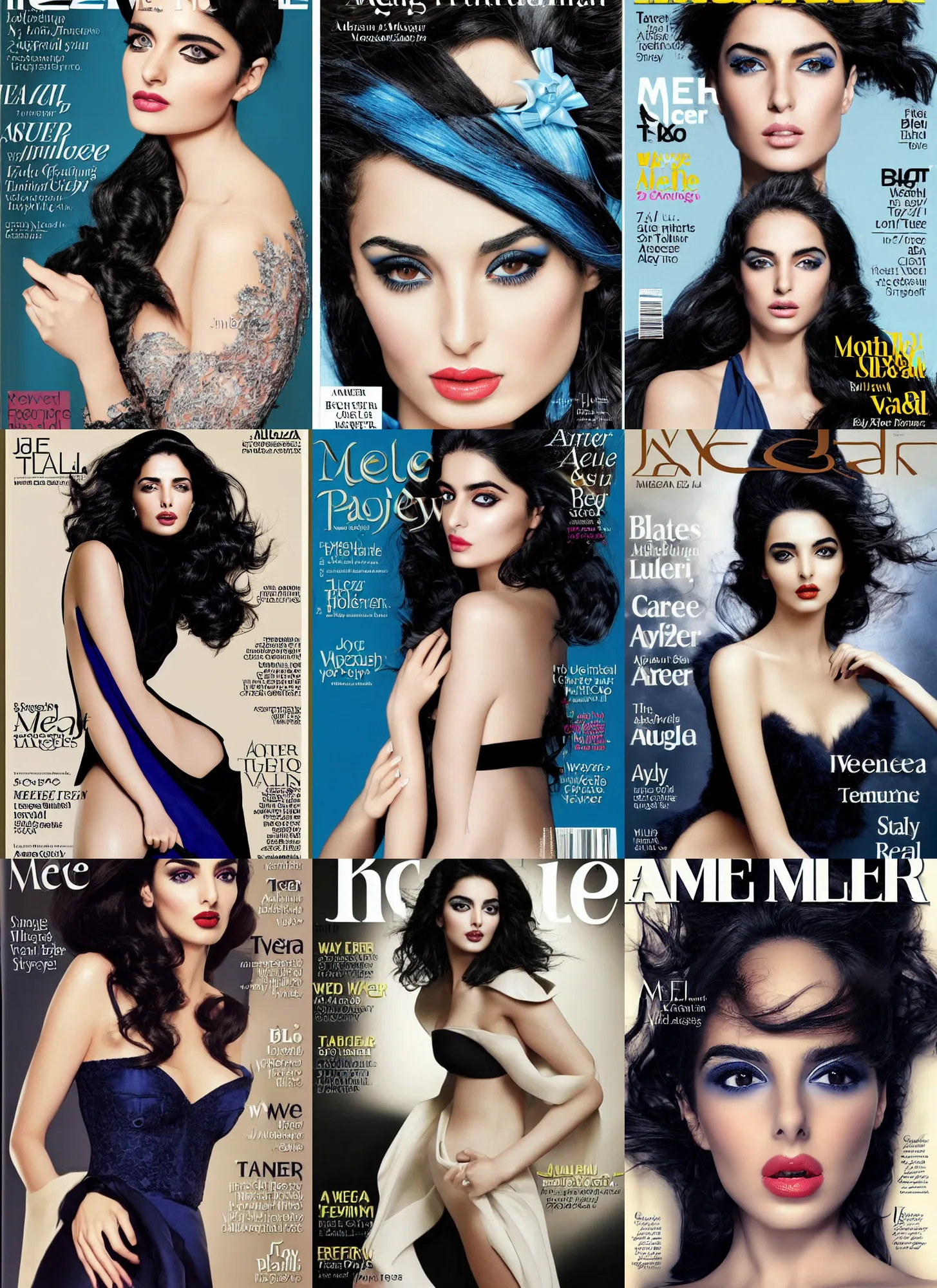 Prompt: magazine cover ameera al taweel, blue eyes, wavy black hair, seductive, beautiful by john maler collier