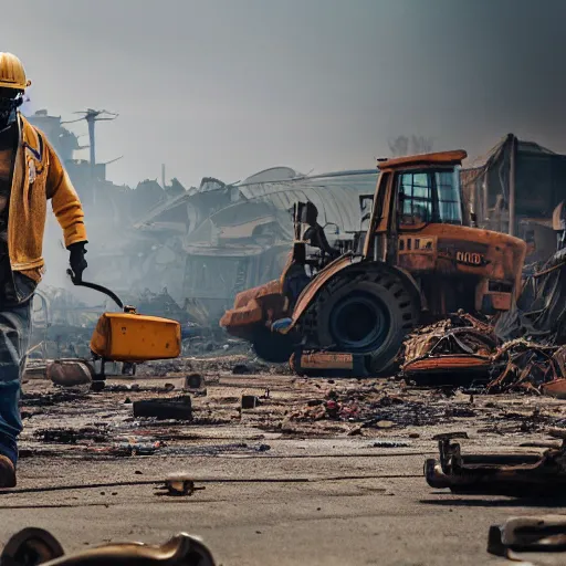 Prompt: a man wearing heavy equipment and a gasmask walking through a junkyard
