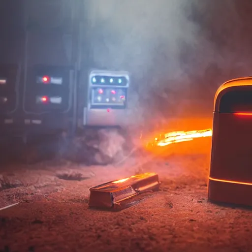 Image similar to toaster oven terminator robot, dark messy smoke - filled cluttered workshop, dark, dramatic lighting, orange tint, sparks, cinematic, highly detailed, sci - fi, futuristic, movie still