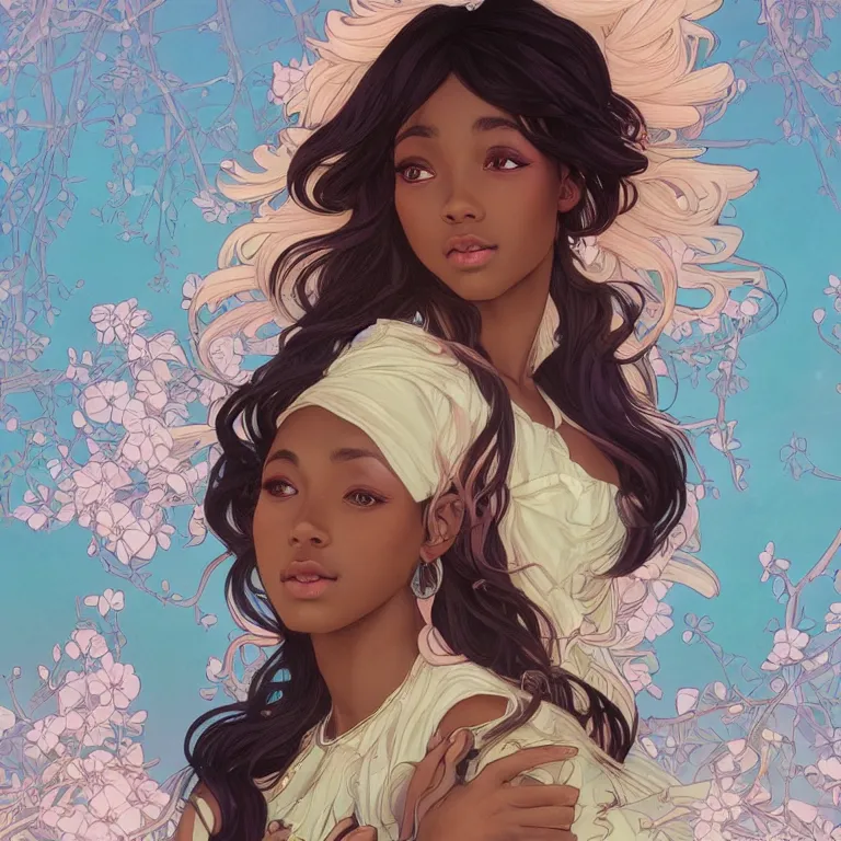 Prompt: beautiful black woman with gorgeous pastel balayage hairstyle, as seen on artgerm, octane render, in the style of alphonse mucha, ultra realistic, highly detailed, 8 k