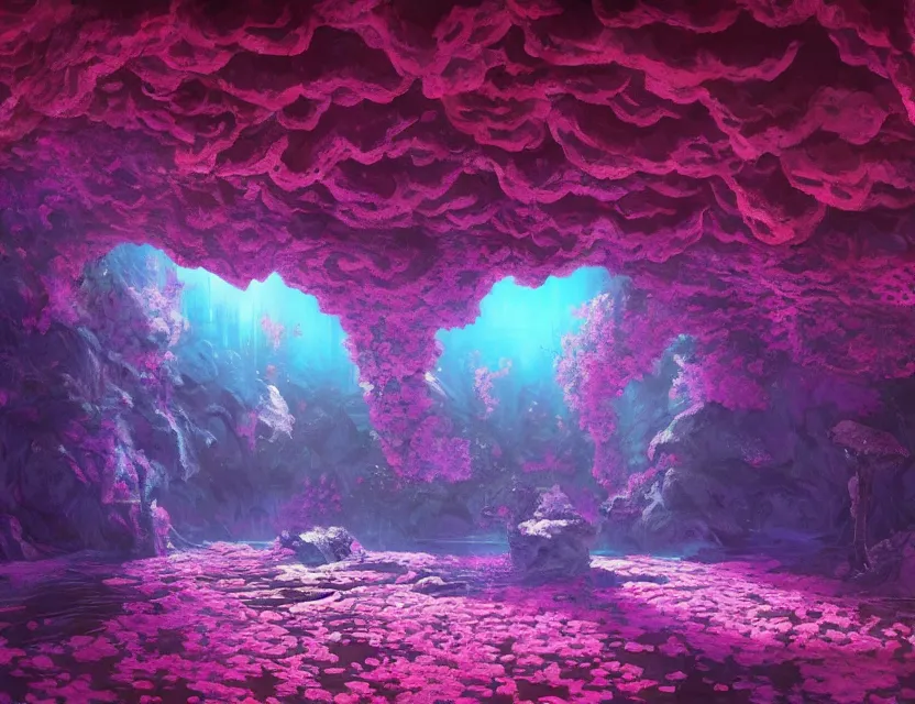 Prompt: vaporwave nightclub in a cherry blossom dripstone cave. oil painting by award - winning concept artist. backlighting, chiaroscuro, intricate details, field of depth.