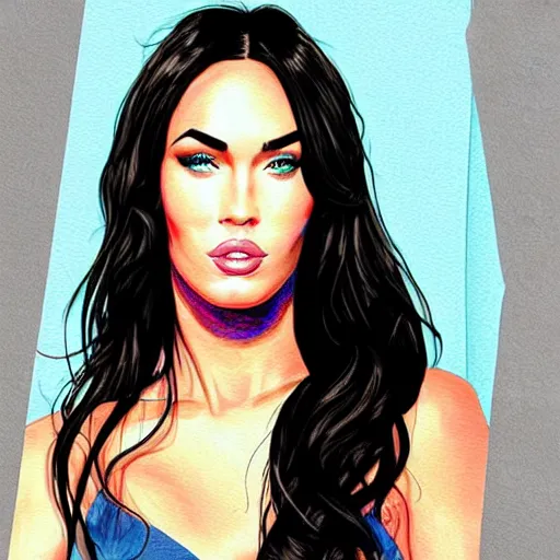 Image similar to “Megan Fox portrait, color illustration by theflowerguy”