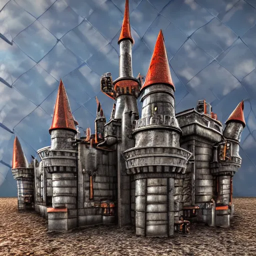 Image similar to metal modern castle with rocket launchers, highly detailed, 4k, HDR, smooth, sharp focus, hyper realistic, high resolution