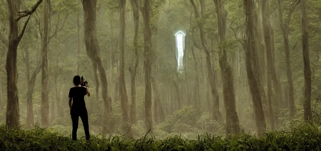 Prompt: a tourist taking a photo of a complex organic fractal 3 d metallic symbiotic ceramic humanoid megastructure skyscraper in a swampy lush forest, foggy, cinematic shot, photo still from movie by denis villeneuve