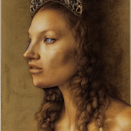 Prompt: side view portrait of a queen, kate moss, by albrecht durer, william warehouse, jan van eyck, concept art, craig mullins