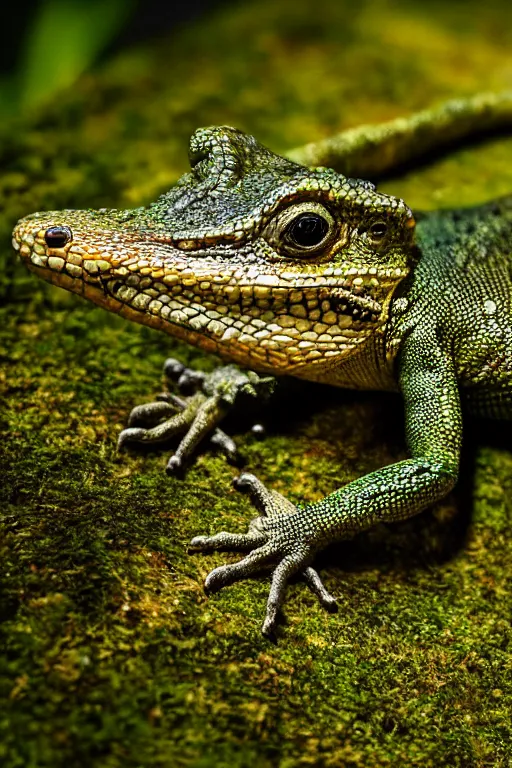 Image similar to a macro portrait photo of a gentleman lizard wearing a monocle and a top hat lounging on a moss covered rock, shiny scales, moss and vegetation, ancient forest, close - up, intricate details, intricately detailed textures, warm lighting, vivid colors, smoke and mist, hyper realistic octane render, volumetric shading, depth of field, raytracing, 8 k,