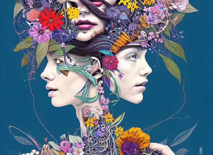 Image similar to a painting of a beautiful cyborg girl with a lot of flowers and blueberries and exotic plants on its head, poster art by android jones, behance contest winner, generative line art, made of flowers, grotesque, concert poster