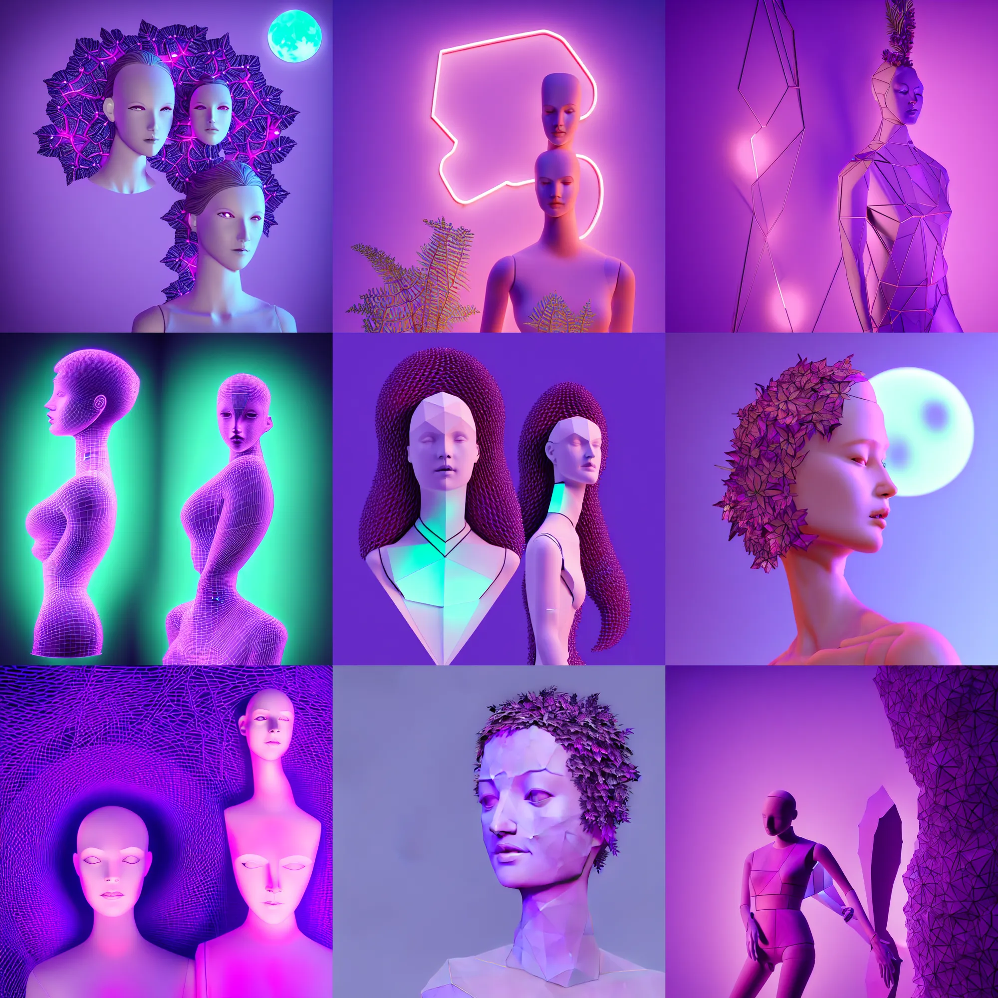 Image similar to beautiful mannequin sculpted out of amethyst by billelis + lit with 3 d geometric neon + facing a doorway opening with neon pink geometric fractal light + flowering hosta plants!!!, moon in background!, rule of thirds, clean linework, dramatic, award winning, 4 k, trending on artstation, photorealistic, volumetric lighting, octane render