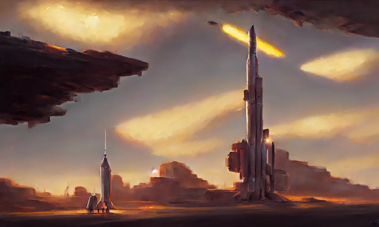 Image similar to Rocket lunch, rocket on the launch pad, concept art, low angle, high detail, warm lighting, volumetric, godrays, vivid, beautiful, trending on artstation, by Jordan grimmer, art greg rutkowski