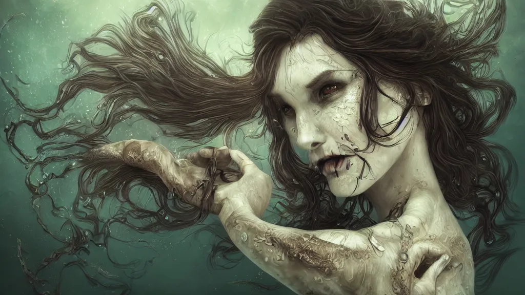 Image similar to Portrait of a woman underwater, fish hooks, seaweed, highly detailed, yuumei, Adam Duff lucidpixul, natural lighting, dark atmosphere, digital painting, creepy and dark feelings, Macabre, gothic, fantasy,