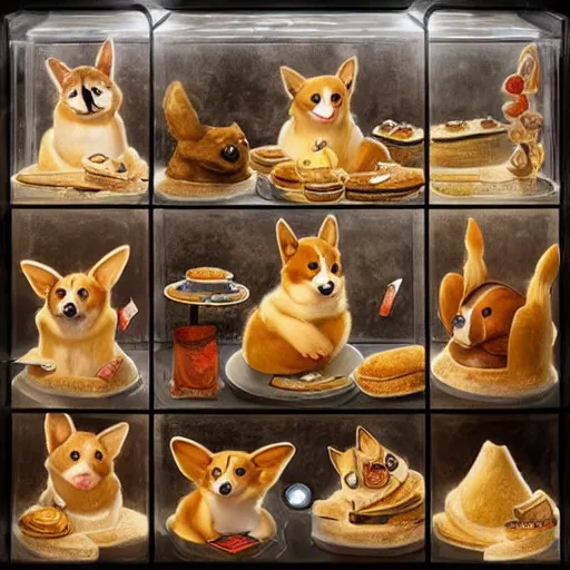 Prompt: “A fantasy store that has corgis made out of bread in glass case, similar to fidough Pokémon, Mexican market inspired, D&D, fantasy, intricate, cinematic lighting, highly detailed, digital painting, artstation, concept art, smooth, sharp focus, illustration, art by Artgerm and Greg Rutkowski and Alphonse Mucha”