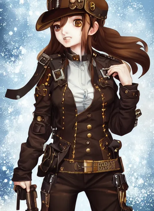 Image similar to girl with steampunk weapons and uniform, smug, finely detailed, made by artgerm, ross tran, full body portrait, illustration, snow, snowing, cloudy, anime, side view, perfect anime face, realistic face, zoomed out, smooth, brown eyes, high waisted shorts