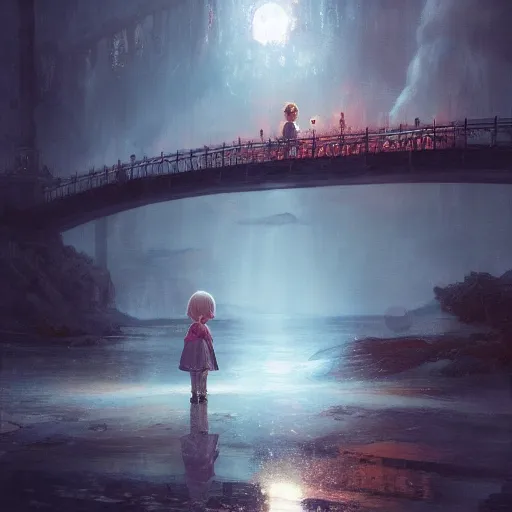 Image similar to a cute little girl waiting on the bridge of heaven and watching the hell, magical world, by greg rutkowski, sung choi, photo realistic, 8 k, cinematic lighting, hd, atmospheric, hyperdetailed, trending on artstation, devainart, digital painting, glow effect