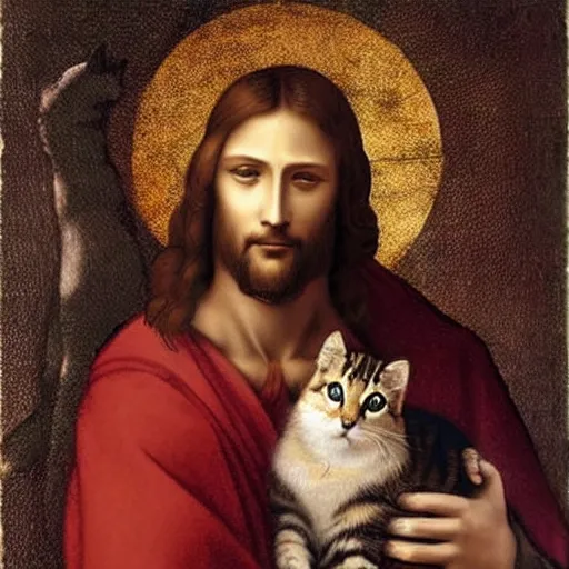 Prompt: jesus holding a cute cat, emotional, cute, powerful, digital art by leonardo da vinci