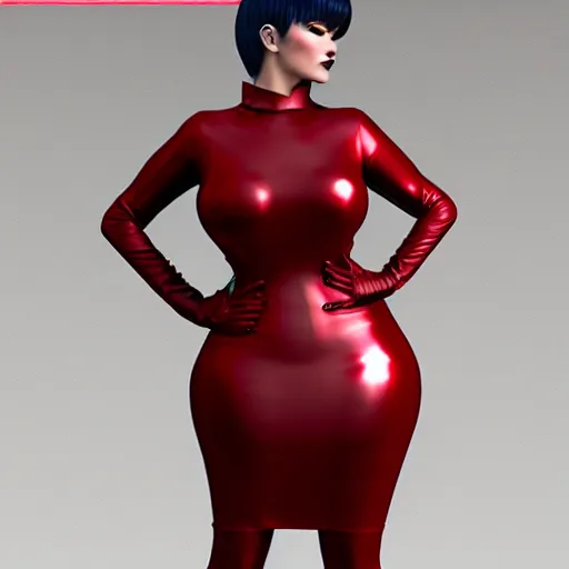 Image similar to a curvy pale goth woman wearing a royal elegant tight dark red multilayered latex high-neck dress, cgsociety, photorealistic, sublime-cool-hot-hyperadvanced, 16k, smooth, sharp focus, trending on ArtStation, volumetric lighting, fully clothed, thin waist