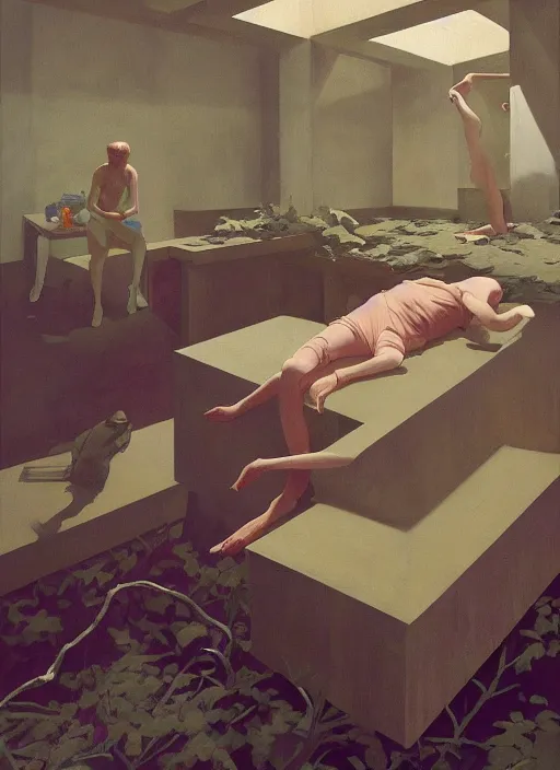 Image similar to time does not exist anymore by edward hopper and james gilleard, zdzislaw beksinski, overgrown vegetation, open ceiling, highly detailed, black people, painted by francis bacon, painted by james gilleard, airbrush, ilya kuvshinov, wlop, stanley artgerm, very coherent, art by takato yamamoto and james jean