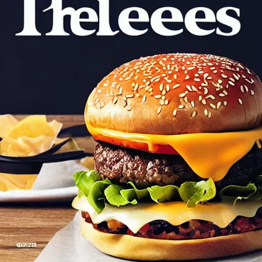 Image similar to a 1 0 layer cheeseburger with 1 0 pieces of meat, 1 0 pieces of cheese and tons of melted sauces and onions, food magazine cover