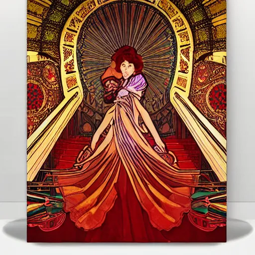 Image similar to flowing theatre red curtains, centered radial design, gold art nouveau graphic elements, painting by mucha, beautiful lighting