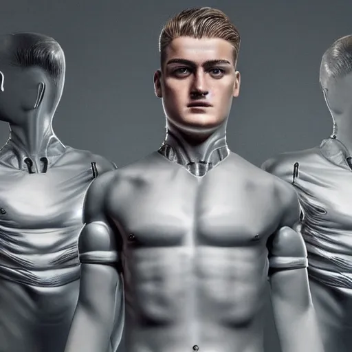 Image similar to a realistic detailed photo of a guy who is an attractive humanoid who is half robot and half humanoid, who is a male android, soccer player matthijs de ligt, shiny skin, posing like a statue, blank stare, in a living room, on display, showing off his muscles, with a twin