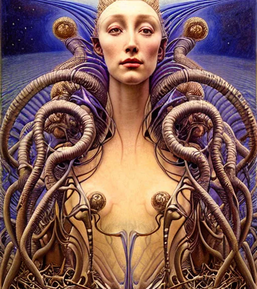 Image similar to detailed realistic beautiful young cher alien robot as queen of andromeda galaxy portrait by jean delville, gustave dore and marco mazzoni, art nouveau, symbolist, visionary, baroque giant fractal details. horizontal symmetry by zdzisław beksinski, iris van herpen, raymond swanland and alphonse mucha. highly detailed, hyper - real, beautiful